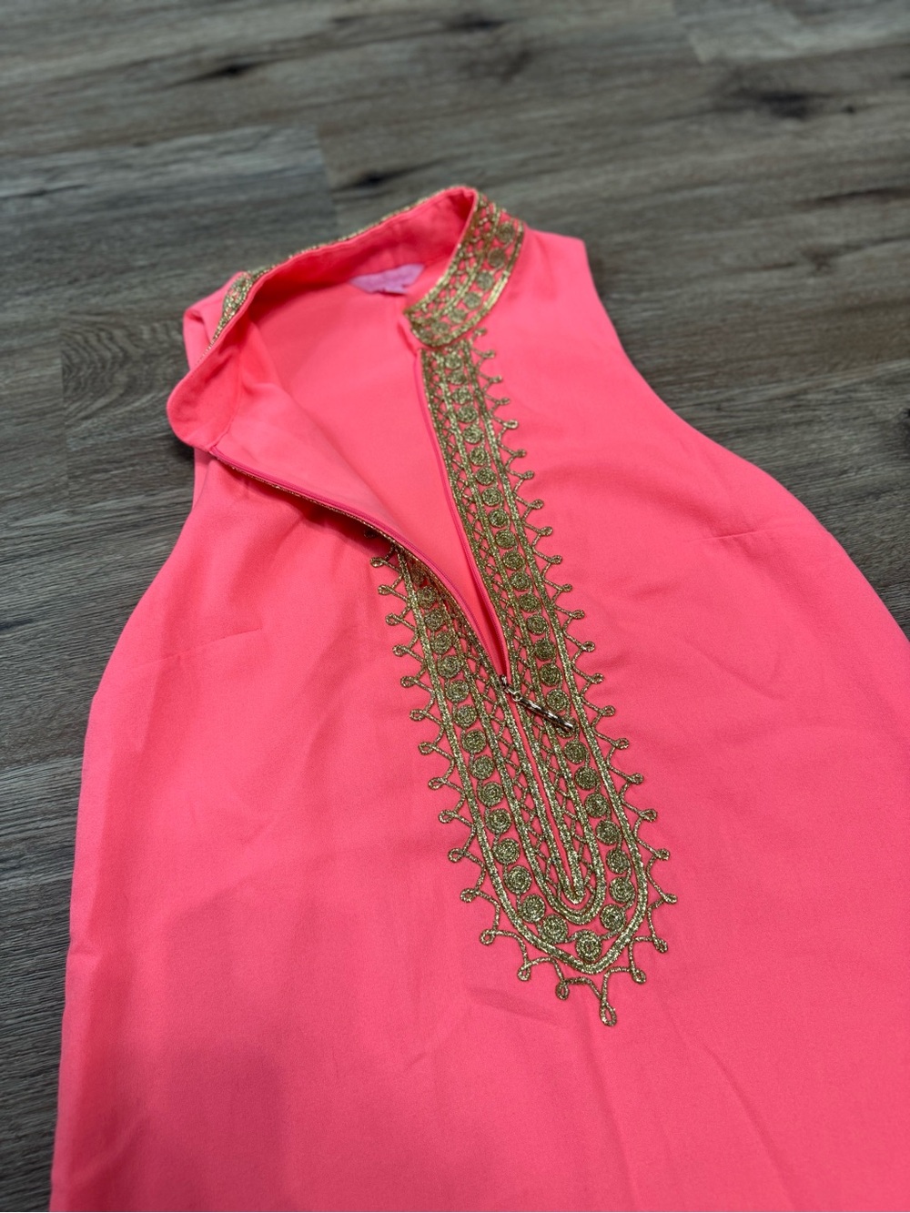 Lilly Pulitzer Neon Coral Sleeveless A-Line Dress with Gold Embroidery - Picture 2 of 6